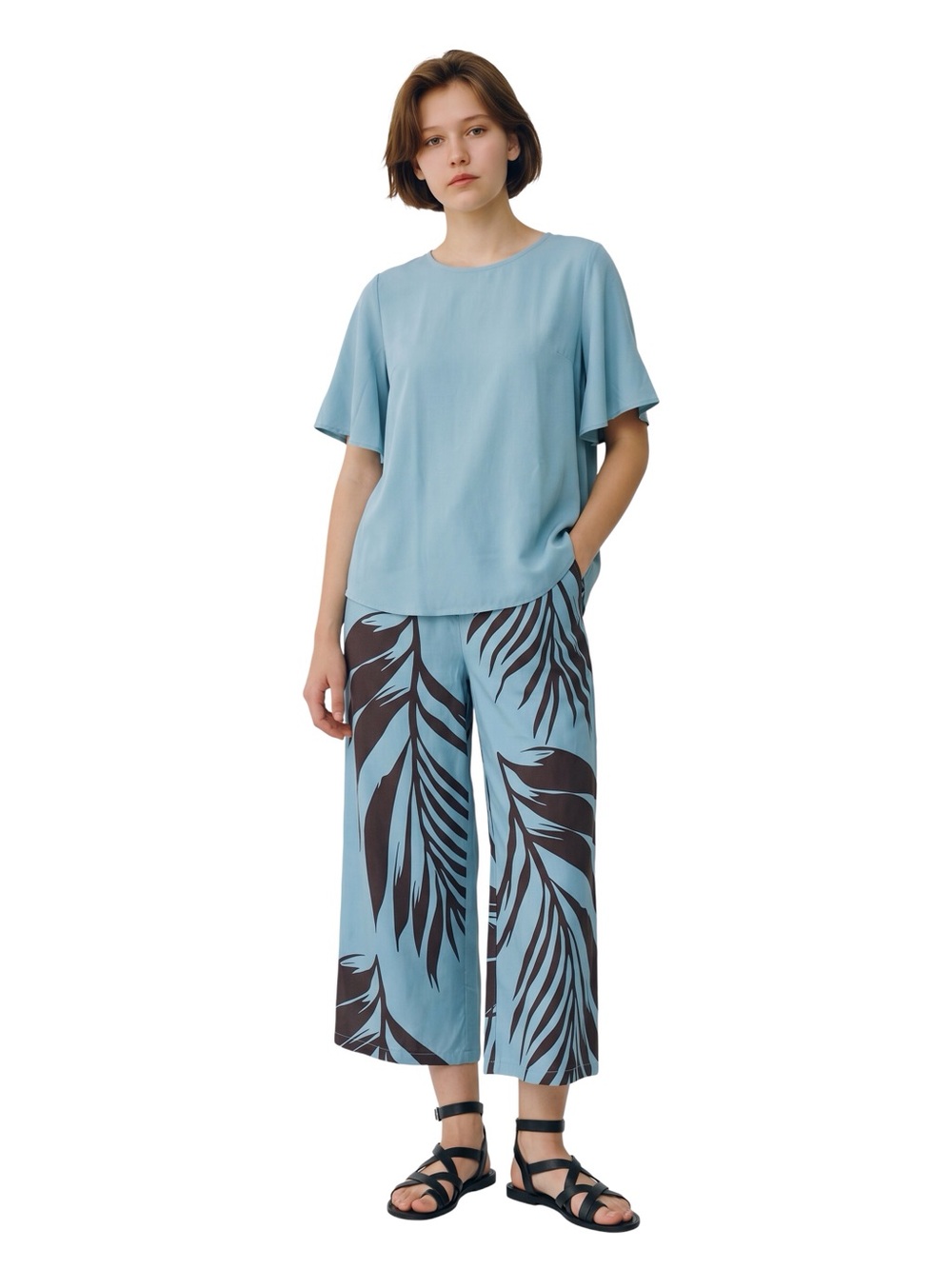 Women's Flutter Sleeve Top and Elastic Pant Set Teal/Black Size-3XL  NEW